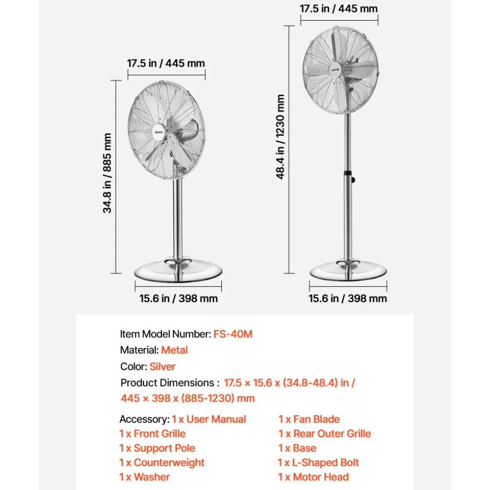 VEVOR 16-Inch High Velocity Pedestal Fan, 1450 CFM Industrial Standing Floor Fan with Handle, 75° Oscillating, 3-Speed Adjustable Height, Metal Made for Commercial, Garage, Workshop, Home, Silver