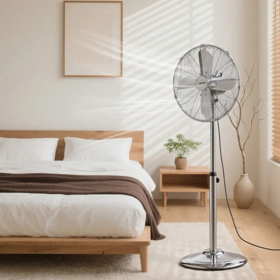 VEVOR 16-Inch High Velocity Pedestal Fan, 1450 CFM Industrial Standing Floor Fan with Handle, 75° Oscillating, 3-Speed Adjustable Height, Metal Made for Commercial, Garage, Workshop, Home, Silver