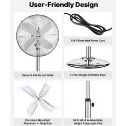 VEVOR 16-Inch High Velocity Pedestal Fan, 1450 CFM Industrial Standing Floor Fan with Handle, 75° Oscillating, 3-Speed Adjustable Height, Metal Made for Commercial, Garage, Workshop, Home, Silver