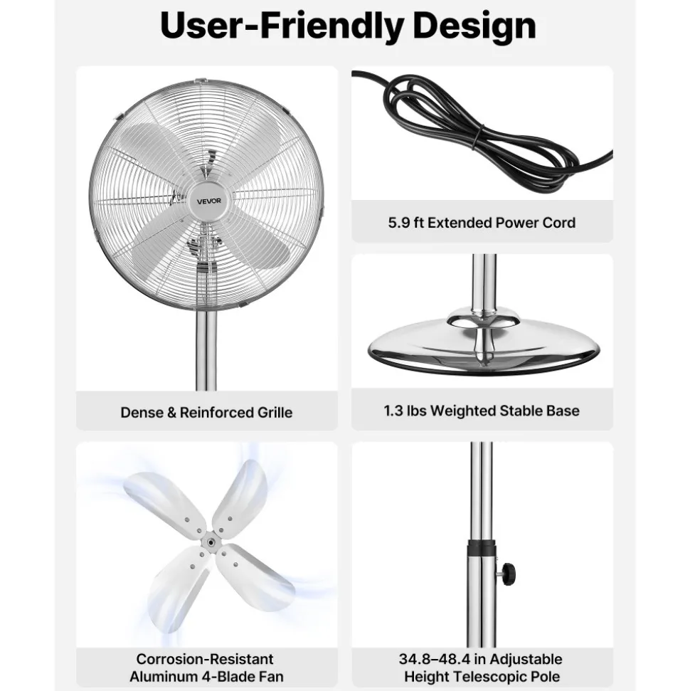 VEVOR 16-Inch High Velocity Pedestal Fan, 1450 CFM Industrial Standing Floor Fan with Handle, 75° Oscillating, 3-Speed Adjustable Height, Metal Made for Commercial, Garage, Workshop, Home, Silver