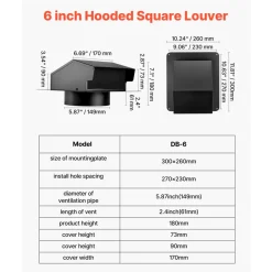 VEVOR 6 inch Hooded Wall Vent Cover, Square AC Vent Gable Cover, Premium SPCC Steel & with Built-in a Protection Screen, for Roofs,Walls,Outside Duct Exhaust Outlets (1 Pack, Black)