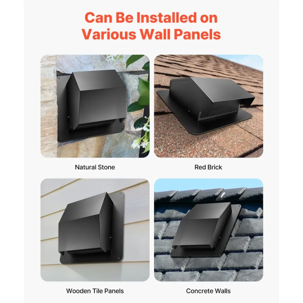 VEVOR 6 inch Hooded Wall Vent Cover, Square AC Vent Gable Cover, Premium SPCC Steel & with Built-in a Protection Screen, for Roofs,Walls,Outside Duct Exhaust Outlets (1 Pack, Black)