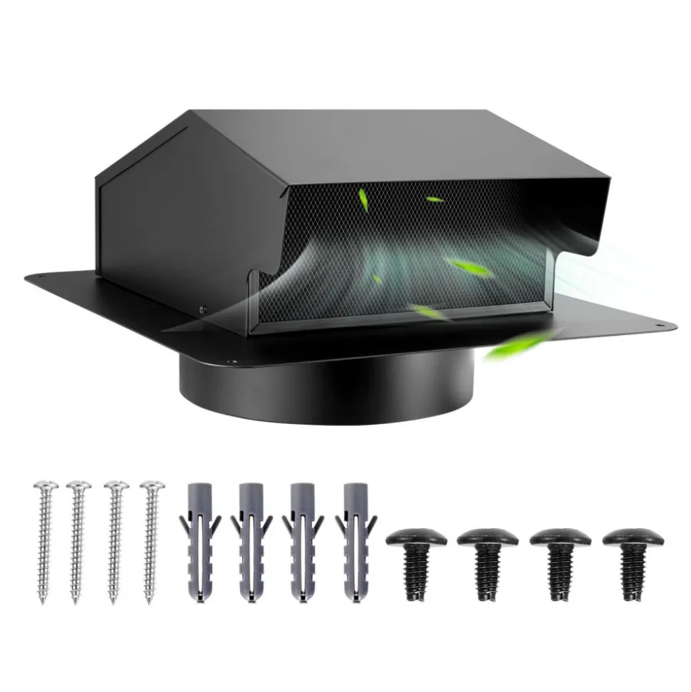 VEVOR 6 inch Hooded Wall Vent Cover, Square AC Vent Gable Cover, Premium SPCC Steel & with Built-in a Protection Screen, for Roofs,Walls,Outside Duct Exhaust Outlets (1 Pack, Black)