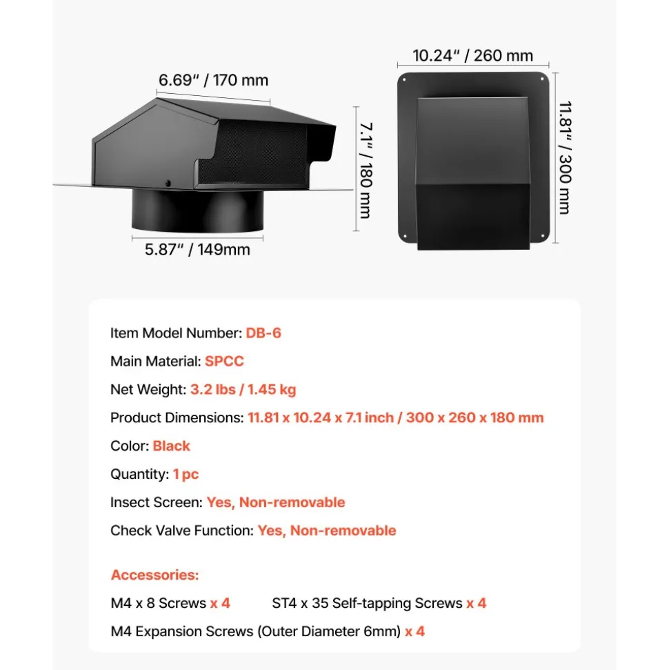 VEVOR 6 inch Hooded Wall Vent Cover, Square AC Vent Gable Cover, Premium SPCC Steel & with Built-in a Protection Screen, for Roofs,Walls,Outside Duct Exhaust Outlets (1 Pack, Black)