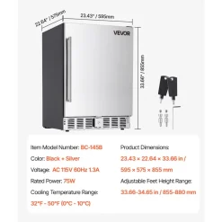 VEVOR 24-Inch Indoor/Outdoor Beverage Refrigerator, 150 QT Freestanding or Undercounter Beverage Fridge, 180 Cans Built-in Beer Fridge with Metal Plate Body for Residential Home Bar Commercial Use