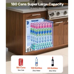VEVOR 24-Inch Indoor/Outdoor Beverage Refrigerator, 150 QT Freestanding or Undercounter Beverage Fridge, 180 Cans Built-in Beer Fridge with Stainless Steel Body for Residential Home Bar Commercial Use