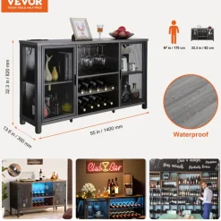 VEVOR 47 Inch Industrial Bar Cabinet, Wine Table for Liquor & Glasses, Sideboard Buffet Cabinet with Wine Rack, Freestanding Farmhouse Wood Coffee Bar Cabinet for Living Room, Home Bar, Kitchen