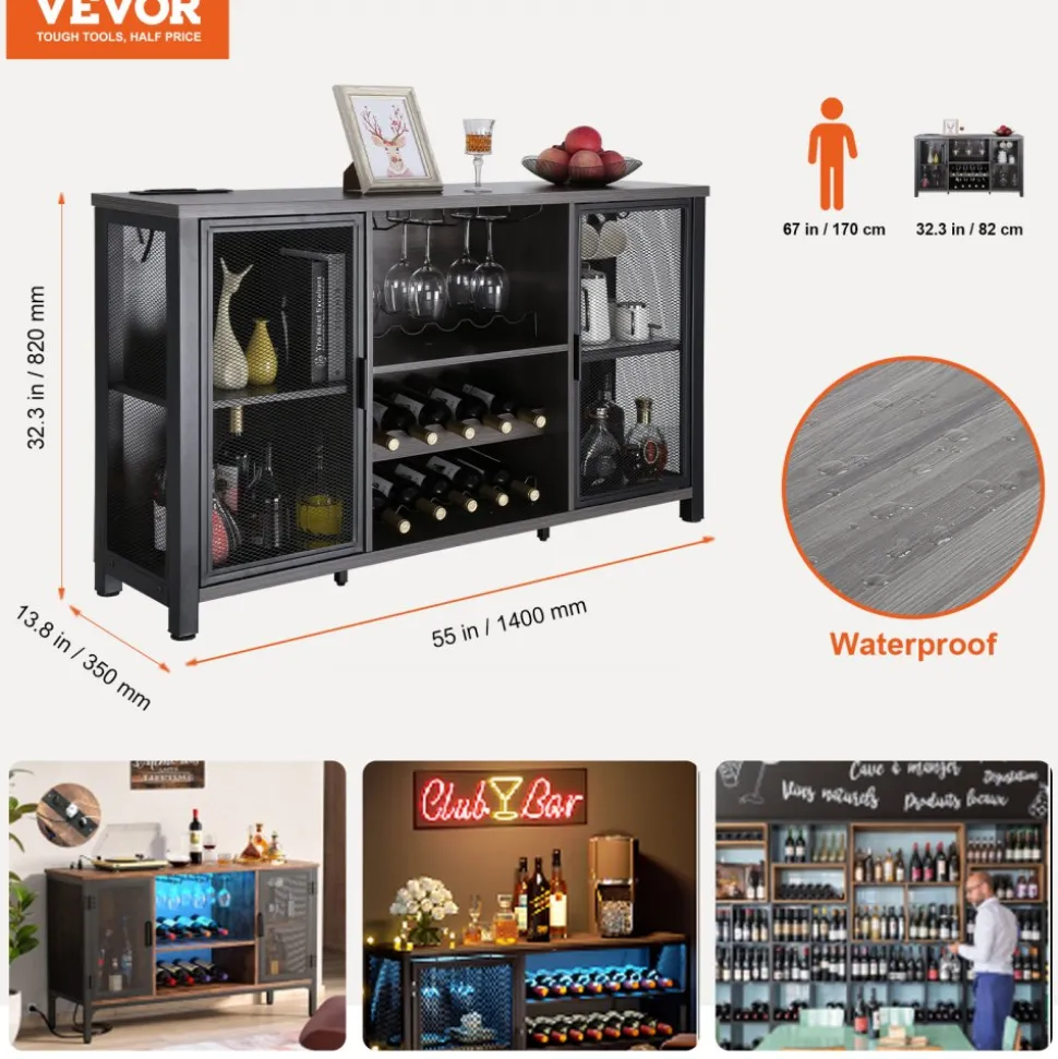 VEVOR 47 Inch Industrial Bar Cabinet, Wine Table for Liquor & Glasses, Sideboard Buffet Cabinet with Wine Rack, Freestanding Farmhouse Wood Coffee Bar Cabinet for Living Room, Home Bar, Kitchen