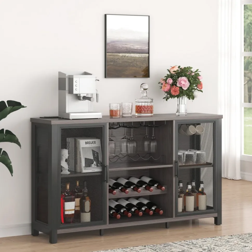 VEVOR 47 Inch Industrial Bar Cabinet, Wine Table for Liquor & Glasses, Sideboard Buffet Cabinet with Wine Rack, Freestanding Farmhouse Wood Coffee Bar Cabinet for Living Room, Home Bar, Kitchen