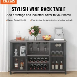 VEVOR 47 Inch Industrial Bar Cabinet, Wine Table for Liquor & Glasses, Sideboard Buffet Cabinet with Wine Rack, Freestanding Farmhouse Wood Coffee Bar Cabinet for Living Room, Home Bar, Kitchen