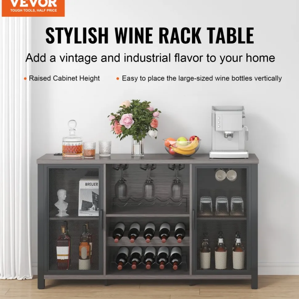 VEVOR 47 Inch Industrial Bar Cabinet, Wine Table for Liquor & Glasses, Sideboard Buffet Cabinet with Wine Rack, Freestanding Farmhouse Wood Coffee Bar Cabinet for Living Room, Home Bar, Kitchen