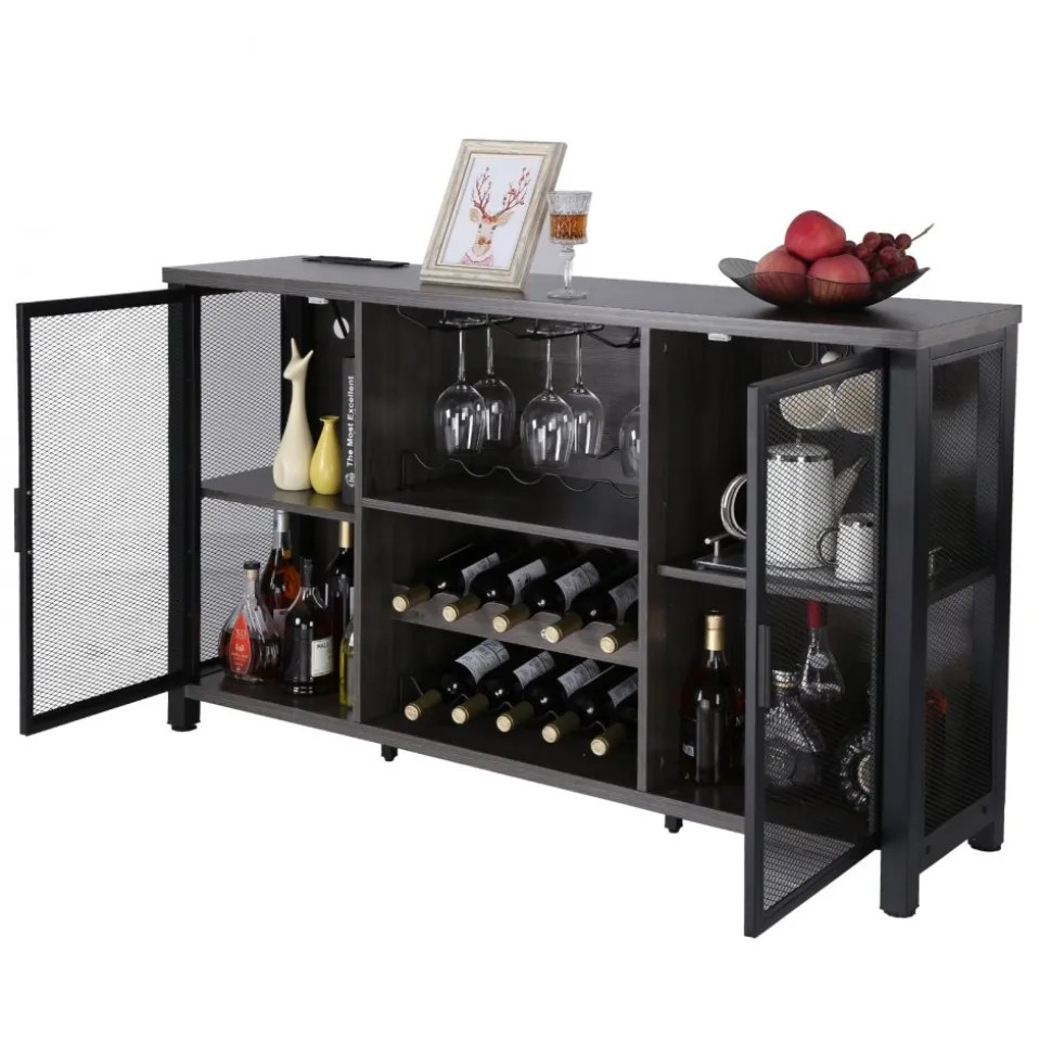VEVOR 47 Inch Industrial Bar Cabinet, Wine Table for Liquor & Glasses, Sideboard Buffet Cabinet with Wine Rack, Freestanding Farmhouse Wood Coffee Bar Cabinet for Living Room, Home Bar, Kitchen