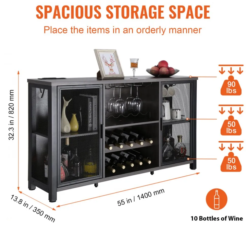 VEVOR 47 Inch Industrial Bar Cabinet, Wine Table for Liquor & Glasses, Sideboard Buffet Cabinet with Wine Rack, Freestanding Farmhouse Wood Coffee Bar Cabinet for Living Room, Home Bar, Kitchen