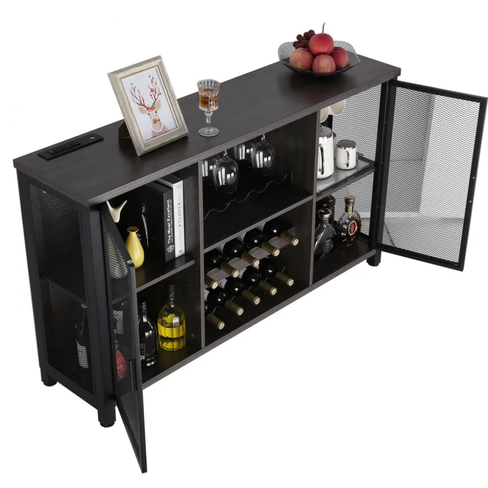 VEVOR 47 Inch Industrial Bar Cabinet, Wine Table for Liquor & Glasses, Sideboard Buffet Cabinet with Wine Rack, Freestanding Farmhouse Wood Coffee Bar Cabinet for Living Room, Home Bar, Kitchen