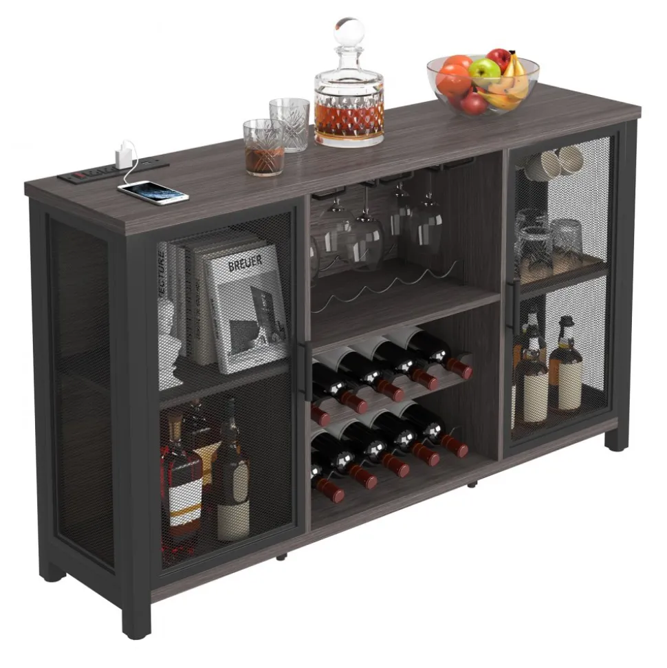 VEVOR 47 Inch Industrial Bar Cabinet, Wine Table for Liquor & Glasses, Sideboard Buffet Cabinet with Wine Rack, Freestanding Farmhouse Wood Coffee Bar Cabinet for Living Room, Home Bar, Kitchen
