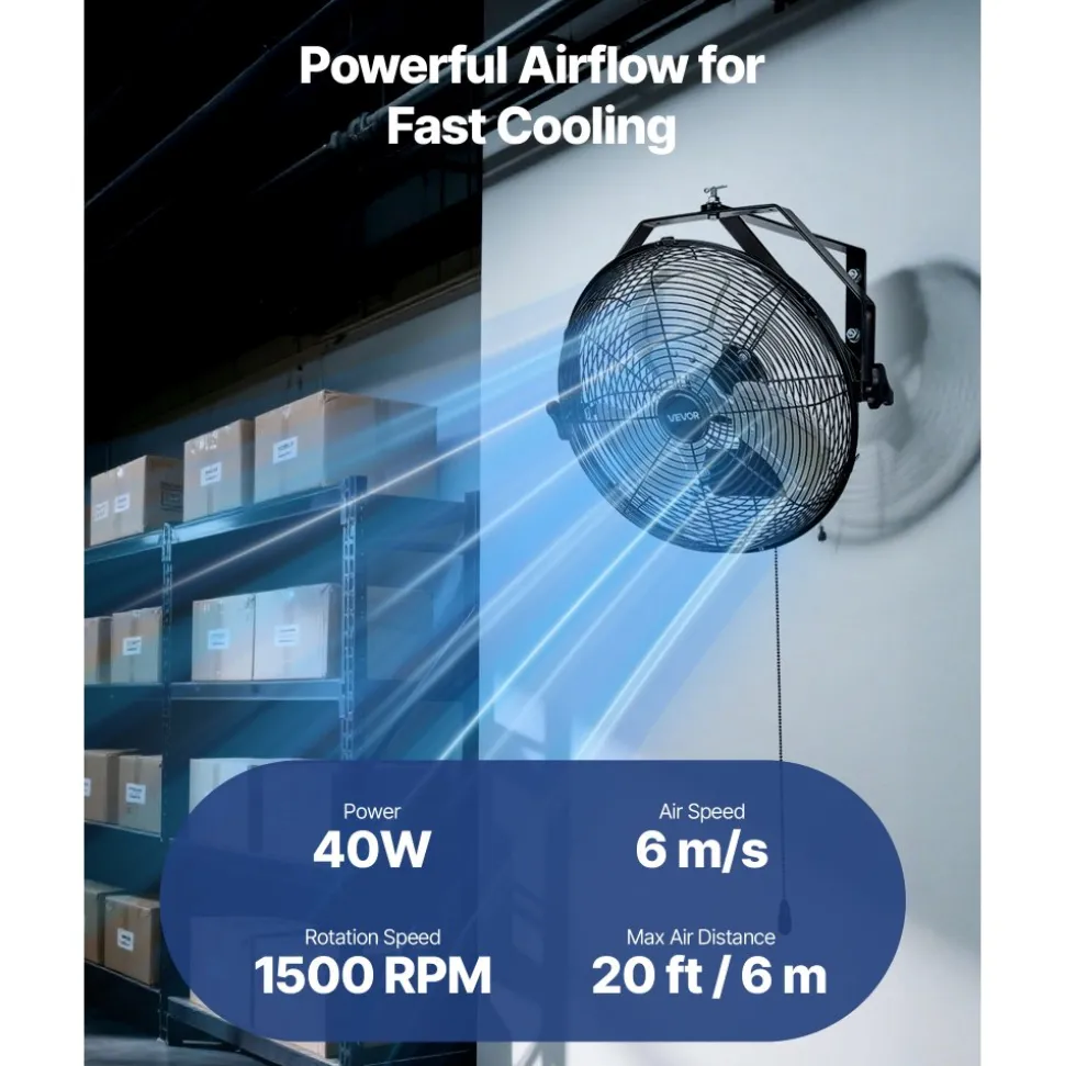 VEVOR 18 Inch Industrial Wall Mount Fan, High Velocity 4000 CFM Indoor Fan with 3 Speeds, Powerful Motor Garage Wall Fan with Aluminum Blades for Workshop, Warehouse, Greenhouse, Commercial