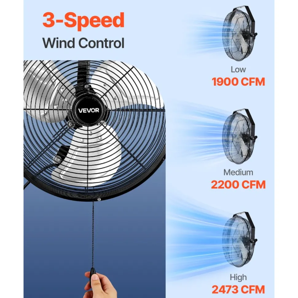 VEVOR 18 Inch Industrial Wall Mount Fan, High Velocity 4000 CFM Indoor Fan with 3 Speeds, Powerful Motor Garage Wall Fan with Aluminum Blades for Workshop, Warehouse, Greenhouse, Commercial