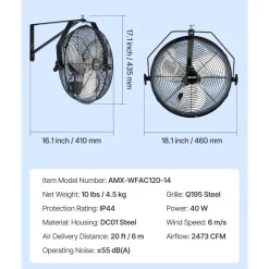 VEVOR 18 Inch Industrial Wall Mount Fan, High Velocity 4000 CFM Indoor Fan with 3 Speeds, Powerful Motor Garage Wall Fan with Aluminum Blades for Workshop, Warehouse, Greenhouse, Commercial