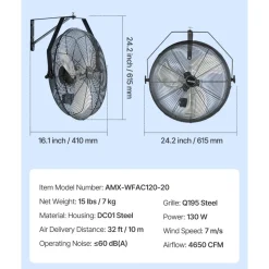 VEVOR 20 Inch Industrial Wall Mount Fan, High Velocity 4650 CFM Indoor Fan with 3 Speeds, Powerful Motor Garage Wall Fan with Aluminum Blades for Workshop, Warehouse, Greenhouse, Commercial