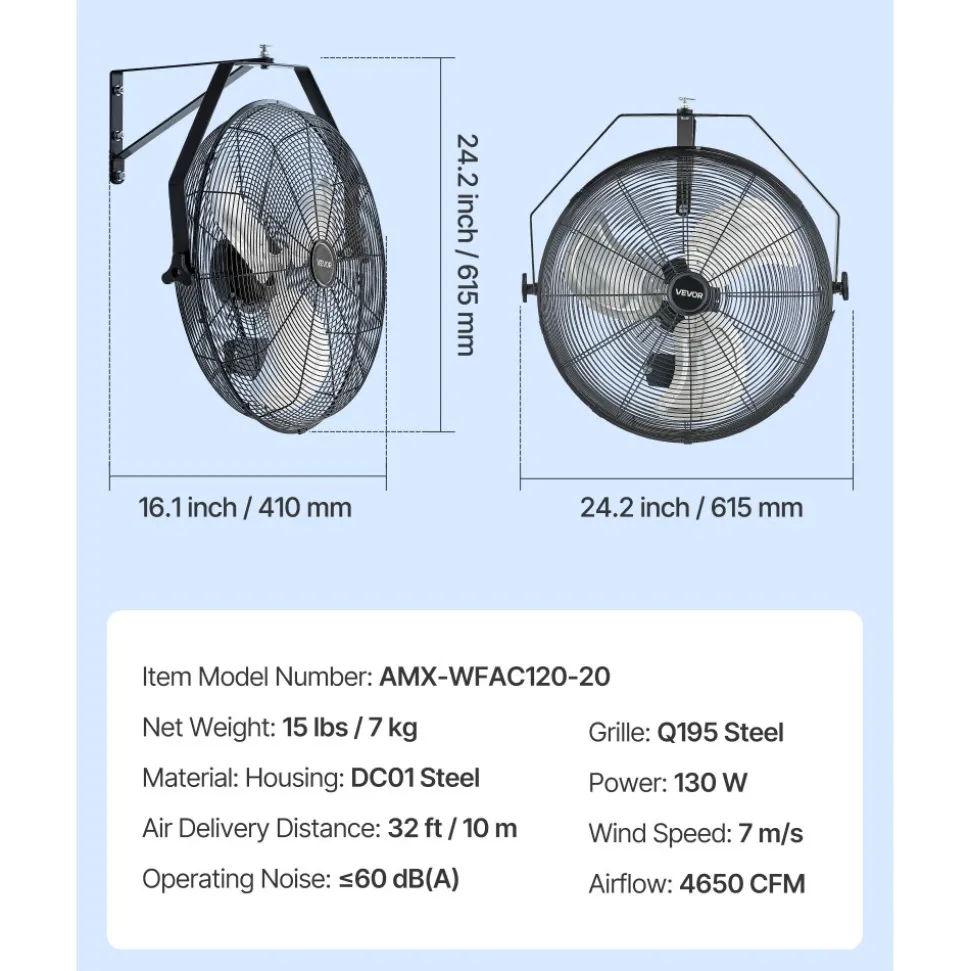 VEVOR 20 Inch Industrial Wall Mount Fan, High Velocity 4650 CFM Indoor Fan with 3 Speeds, Powerful Motor Garage Wall Fan with Aluminum Blades for Workshop, Warehouse, Greenhouse, Commercial