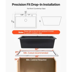 VEVOR 33 inch Kitchen Sink Workstation, Top Mount Granite Sinks, Drop-In Single Bowl Farmhouse Basin with Multiple Accessories, Household Dishwasher Sink for RV, Prep Kitchen, and Bar (Black)