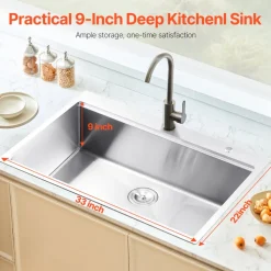 VEVOR 33 inch Kitchen Sink Workstation, 304 Stainless Steel Top Mount Sinks, Drop-In Single Bowl Farmhouse Basin with Ledge & Multiple Accessories, Household Dishwasher Sink for RV, Prep Kitchen, Bar