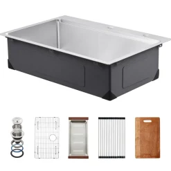 VEVOR 33 inch Kitchen Sink Workstation, 304 Stainless Steel Top Mount Sinks, Drop-In Single Bowl Farmhouse Basin with Ledge & Multiple Accessories, Household Dishwasher Sink for RV, Prep Kitchen, Bar