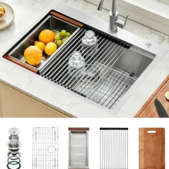 VEVOR 33 inch Kitchen Sink Workstation, 304 Stainless Steel Top Mount Sinks, Drop-In Single Bowl Farmhouse Basin with Ledge & Multiple Accessories, Household Dishwasher Sink for RV, Prep Kitchen, Bar