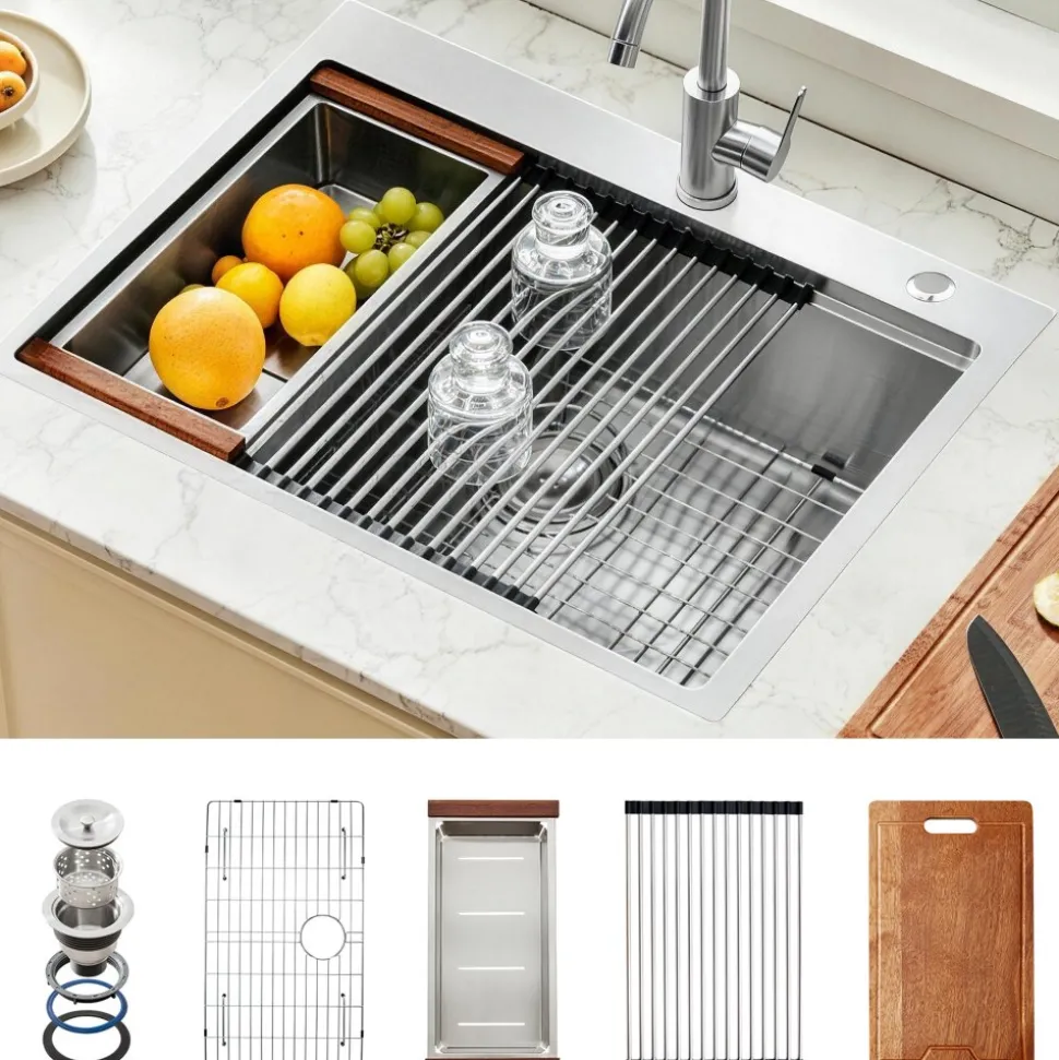 VEVOR 33 inch Kitchen Sink Workstation, 304 Stainless Steel Top Mount Sinks, Drop-In Single Bowl Farmhouse Basin with Ledge & Multiple Accessories, Household Dishwasher Sink for RV, Prep Kitchen, Bar