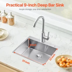VEVOR 25 inch Kitchen Sink Workstation, 304 Stainless Steel Top Mount Sinks, Drop-In Single Bowl Farmhouse Basin with Accessories, Household Dishwasher Sinks for RV, Prep Kitchen, Laundry Room, Bar