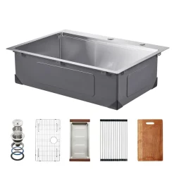 VEVOR 30 inch Kitchen Sink Workstation, 304 Stainless Steel Undermount Sink, Drop-In Single Bowl Farmhouse Basin with Ledge & Multiple Accessories, Household Dishwasher Sinks for RV, Prep Kitchen, Bar