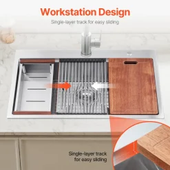 VEVOR 30 inch Kitchen Sink Workstation, 304 Stainless Steel Undermount Sink, Drop-In Single Bowl Farmhouse Basin with Ledge & Multiple Accessories, Household Dishwasher Sinks for RV, Prep Kitchen, Bar