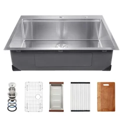 VEVOR 30 inch Kitchen Sink Workstation, 304 Stainless Steel Undermount Sink, Drop-In Single Bowl Farmhouse Basin with Ledge & Multiple Accessories, Household Dishwasher Sinks for RV, Prep Kitchen, Bar