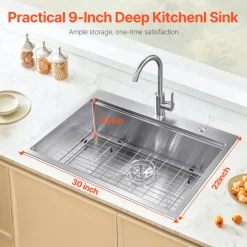 VEVOR 30 inch Kitchen Sink Workstation, 304 Stainless Steel Undermount Sink, Drop-In Single Bowl Farmhouse Basin with Ledge & Multiple Accessories, Household Dishwasher Sinks for RV, Prep Kitchen, Bar