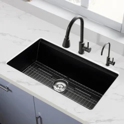 VEVOR 33 inch Kitchen Sink Workstation, Undermount Granite Sink, Drop-In Single Bowl Farmhouse Basin with Multiple Accessories, Household Dishwasher Sinks for RV, Prep Kitchen, and Bar (Black)