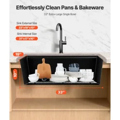 VEVOR 33 inch Kitchen Sink Workstation, Undermount Granite Sink, Drop-In Single Bowl Farmhouse Basin with Multiple Accessories, Household Dishwasher Sinks for RV, Prep Kitchen, and Bar (Black)