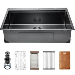 VEVOR 33 inch Kitchen Sink Workstation, 304 Stainless Steel Undermount Sink, Drop-In Double Bowl Farmhouse Basin with Ledge & Multiple Accessories, Household Dishwasher Sinks for RV, Prep Kitchen, Bar