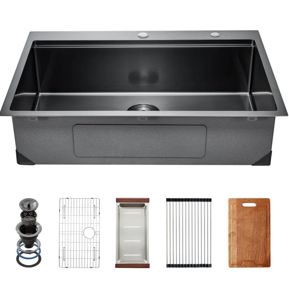 VEVOR 33 inch Kitchen Sink Workstation, 304 Stainless Steel Undermount Sink, Drop-In Double Bowl Farmhouse Basin with Ledge & Multiple Accessories, Household Dishwasher Sinks for RV, Prep Kitchen, Bar