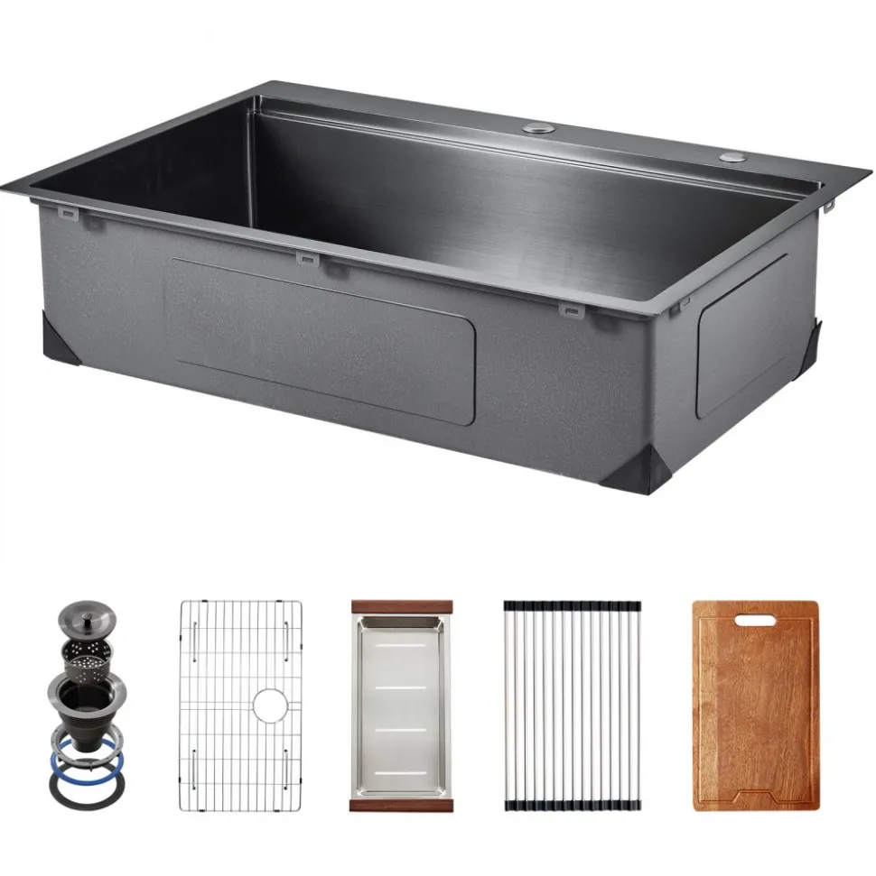 VEVOR 33 inch Kitchen Sink Workstation, 304 Stainless Steel Undermount Sink, Drop-In Double Bowl Farmhouse Basin with Ledge & Multiple Accessories, Household Dishwasher Sinks for RV, Prep Kitchen, Bar