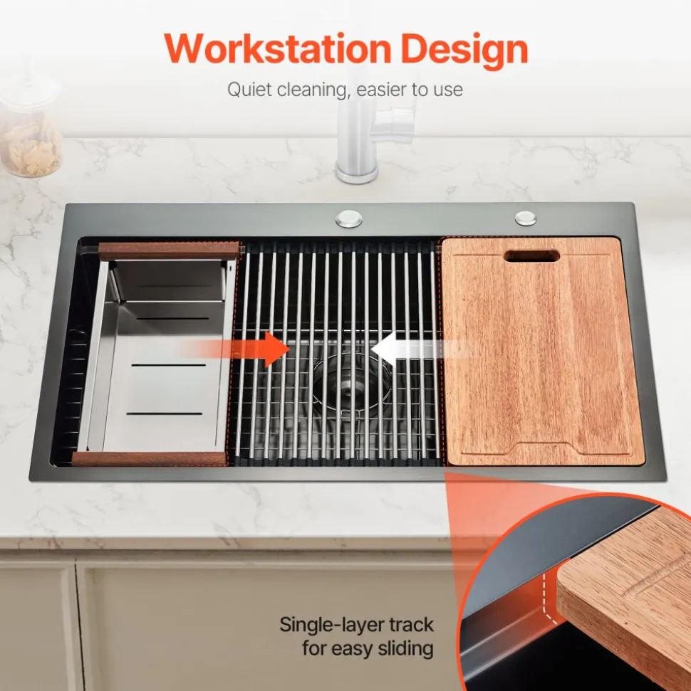 VEVOR 33 inch Kitchen Sink Workstation, 304 Stainless Steel Undermount Sink, Drop-In Double Bowl Farmhouse Basin with Ledge & Multiple Accessories, Household Dishwasher Sinks for RV, Prep Kitchen, Bar