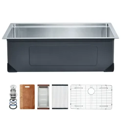 VEVOR 32 inch Kitchen Sink Workstation, 304 Stainless Steel Undermount Sink, Drop-In Single Bowl Farmhouse Basin with Ledge & Multiple Accessories, Household Dishwasher Sinks for RV, Prep Kitchen, Bar