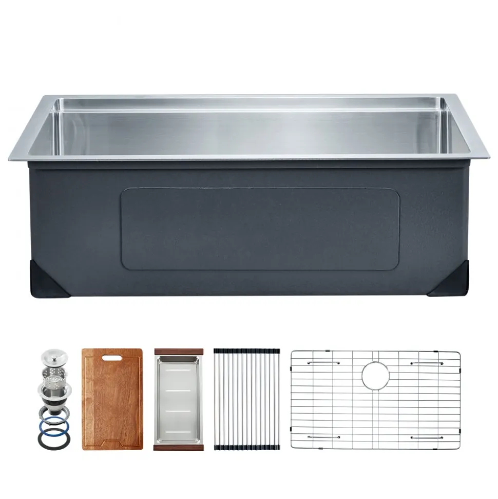 VEVOR 32 inch Kitchen Sink Workstation, 304 Stainless Steel Undermount Sink, Drop-In Single Bowl Farmhouse Basin with Ledge & Multiple Accessories, Household Dishwasher Sinks for RV, Prep Kitchen, Bar