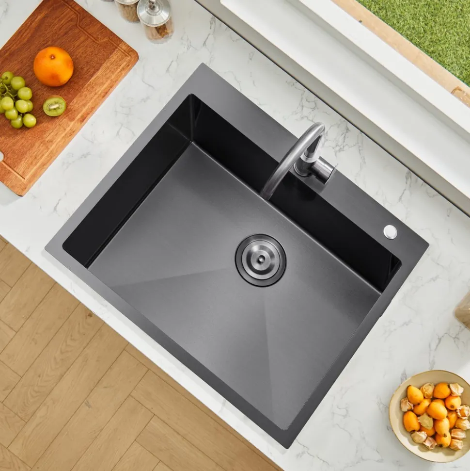 VEVOR 25 inch Kitchen Sink Workstation, 304 Stainless Steel Top Mount Sinks, Drop-In Single Bowl Farmhouse Basin with Accessories, Household Dishwasher Sinks for RV, Prep Kitchen, and Bar (Black)
