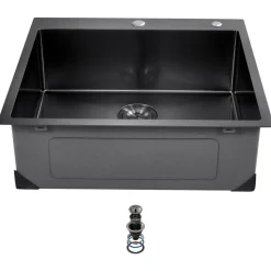 VEVOR 25 inch Kitchen Sink Workstation, 304 Stainless Steel Top Mount Sinks, Drop-In Single Bowl Farmhouse Basin with Accessories, Household Dishwasher Sinks for RV, Prep Kitchen, and Bar (Black)