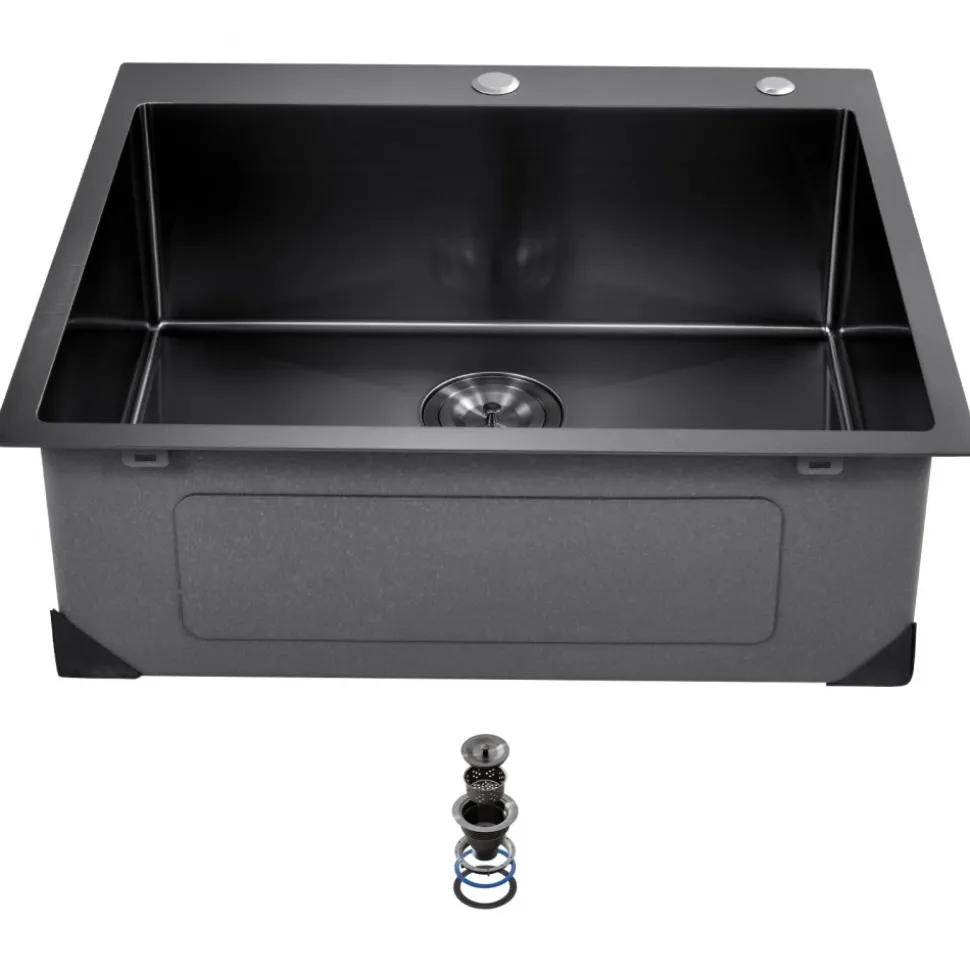 VEVOR 25 inch Kitchen Sink Workstation, 304 Stainless Steel Top Mount Sinks, Drop-In Single Bowl Farmhouse Basin with Accessories, Household Dishwasher Sinks for RV, Prep Kitchen, and Bar (Black)