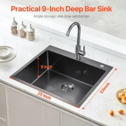 VEVOR 25 inch Kitchen Sink Workstation, 304 Stainless Steel Top Mount Sinks, Drop-In Single Bowl Farmhouse Basin with Accessories, Household Dishwasher Sinks for RV, Prep Kitchen, and Bar (Black)