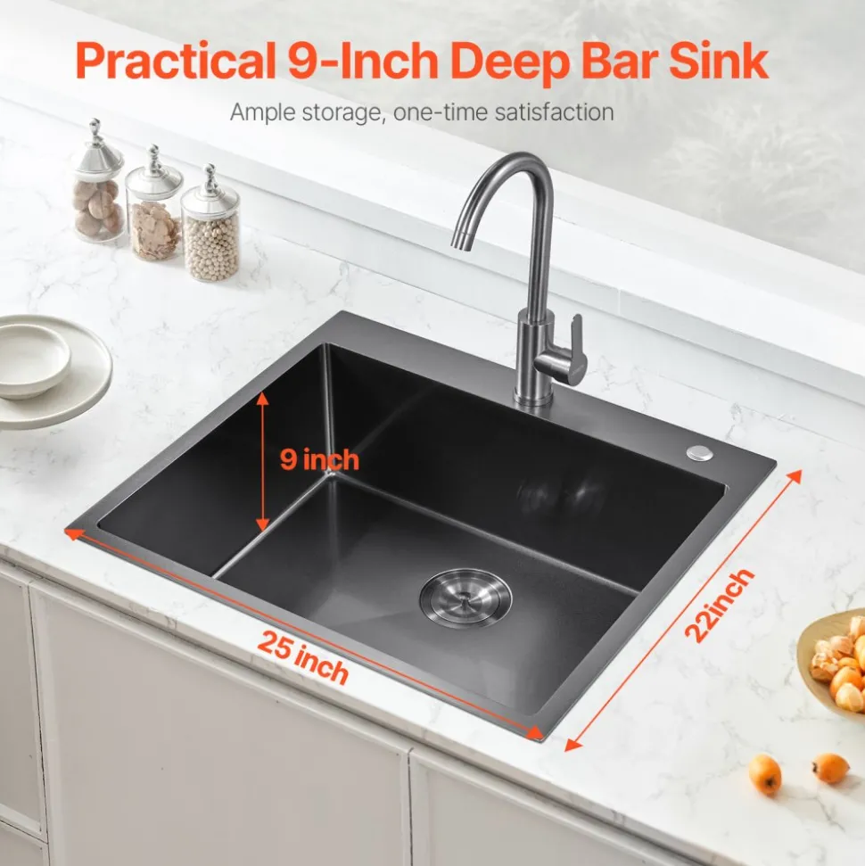 VEVOR 25 inch Kitchen Sink Workstation, 304 Stainless Steel Top Mount Sinks, Drop-In Single Bowl Farmhouse Basin with Accessories, Household Dishwasher Sinks for RV, Prep Kitchen, and Bar (Black)
