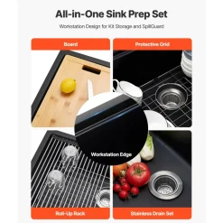 VEVOR 30 inch Kitchen Sink Workstation, Undermount Granite Sink, Drop-In Single Bowl Farmhouse Basin with Multiple Accessories, Household Dishwasher Sinks for RV, Prep Kitchen, and Bar (Black)