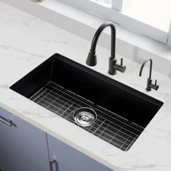 VEVOR 30 inch Kitchen Sink Workstation, Undermount Granite Sink, Drop-In Single Bowl Farmhouse Basin with Multiple Accessories, Household Dishwasher Sinks for RV, Prep Kitchen, and Bar (Black)