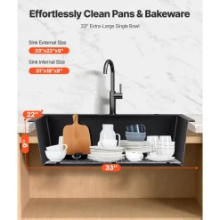 VEVOR 33 inch Kitchen Sink Workstation, Top Mount Granite Sinks, Drop-In Single Bowl Farmhouse Basin with Multiple Accessories, Household Dishwasher Sinks for RV, Prep Kitchen, and Bar (Black)